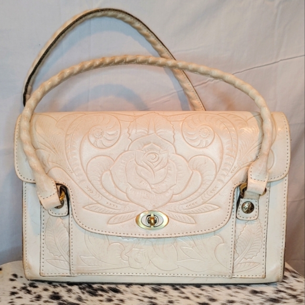 Patricia Nash Leather Sanabria White Waxed Tooled Cream & Tan Satchel NWOT